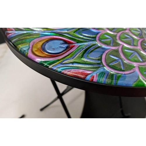 467 - SIDE TABLES, a pair, peacock design tops, 36cm x 51cm H, metal bases. (2)