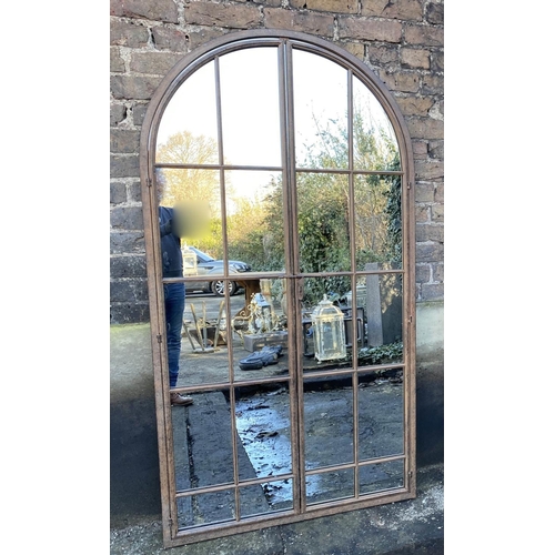 469 - ARCHITECTURAL WALL MIRROR, gated design, oxidised metal frame, 170cm x 90cm.