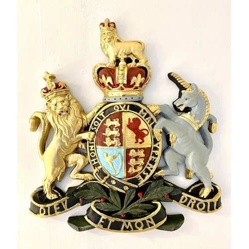 476 - ROYAL COAT OF ARMS WALL RELIEF PLAQUE, polychrome finish, 75cm x 70cm x 6cm.