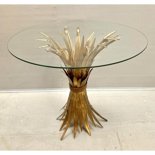 480 - MAISON JANSEN STYLE SIDE TABLE, wheat sheaf design, gilt metal and glass, 60cm x 70cm x 70cm.