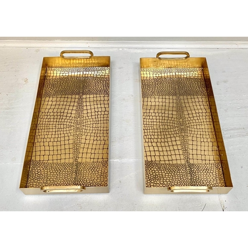 482 - COCKTAIL TRAYS, a pair, faux crocodile embossed gilt metal design, 8cm x 49cm x 23cm. (2)