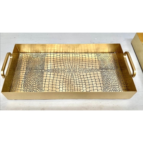 482 - COCKTAIL TRAYS, a pair, faux crocodile embossed gilt metal design, 8cm x 49cm x 23cm. (2)