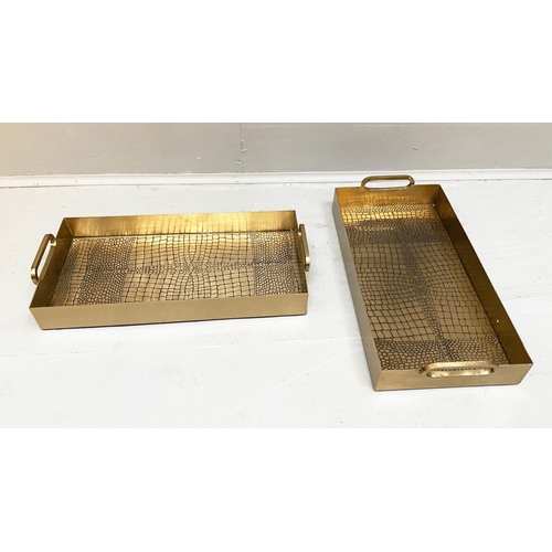 482 - COCKTAIL TRAYS, a pair, faux crocodile embossed gilt metal design, 8cm x 49cm x 23cm. (2)