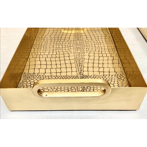 482 - COCKTAIL TRAYS, a pair, faux crocodile embossed gilt metal design, 8cm x 49cm x 23cm. (2)