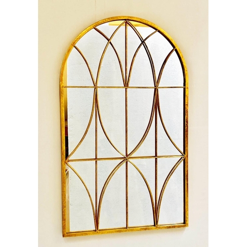 484 - ARCHITECTURAL WALL MIRROR, arched top, gilt metal frame, 100cm x 60cm.