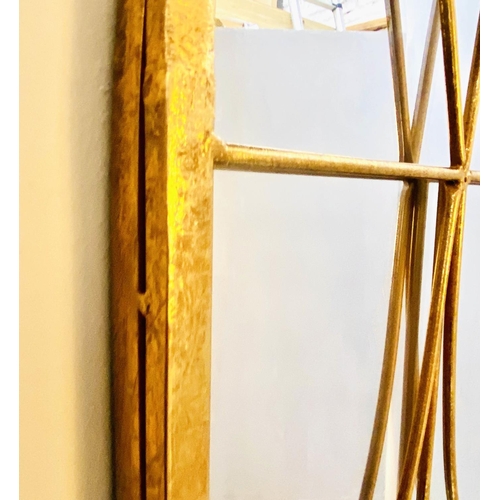 484 - ARCHITECTURAL WALL MIRROR, arched top, gilt metal frame, 100cm x 60cm.