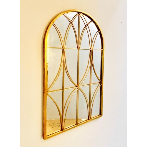 484 - ARCHITECTURAL WALL MIRROR, arched top, gilt metal frame, 100cm x 60cm.