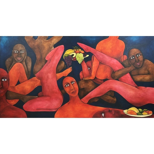 51 - CLAIRE TURNBULL 'Female Figures and Fruit', oil on canvas, 106cm x 199cm, monogrammed and dated.