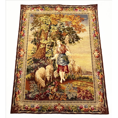 14 - WALL HANGING, needlepoint and petit point depicting a shepherd in a landscape, 129cm x 98cm.