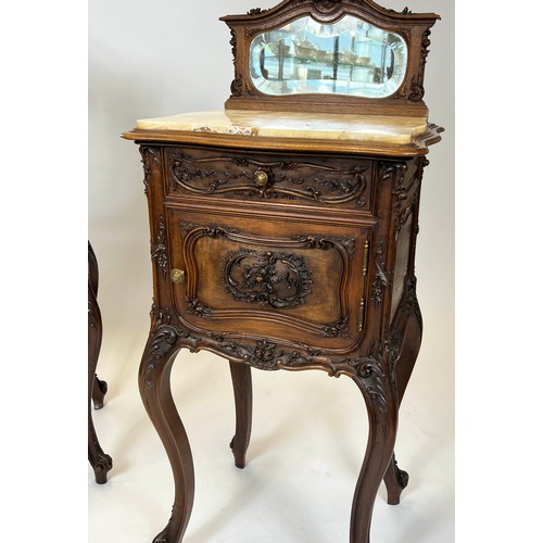 181 - TABLES DE NUIT, 106cm H x 46cm x 40cm, an en suite pair, circa 1890, French walnut with mirrored bac... 