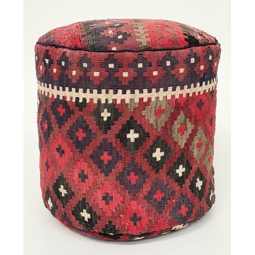 100 - POUFFE, antique Turkoman Kelim upholstered of cylindrical stool form, 46cm W x 43cm H.