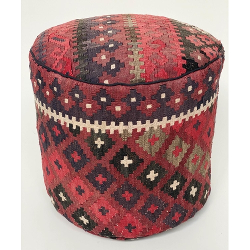 100 - POUFFE, antique Turkoman Kelim upholstered of cylindrical stool form, 46cm W x 43cm H.