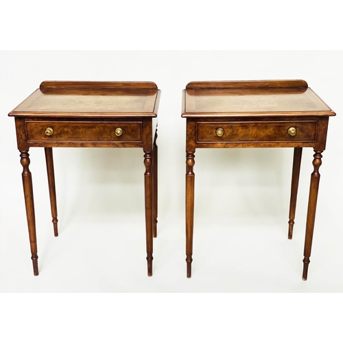 103 - LAMP TABLES, a pair, George III design burr walnut and crossbanded each with frieze drawer and turne... 