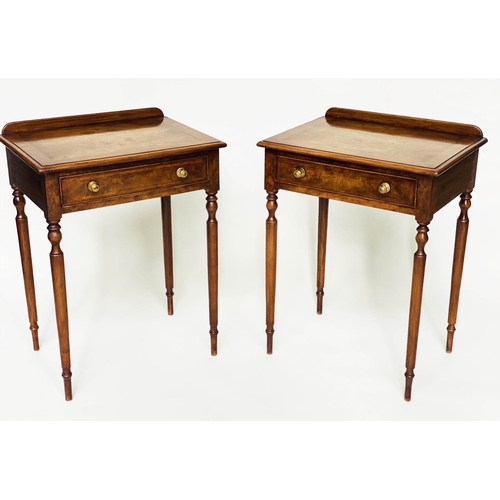 103 - LAMP TABLES, a pair, George III design burr walnut and crossbanded each with frieze drawer and turne... 