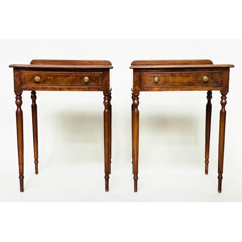 103 - LAMP TABLES, a pair, George III design burr walnut and crossbanded each with frieze drawer and turne... 