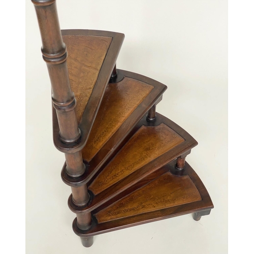 104 - LIBRARY STEPS, Georgian style mahogany with four spiral gilt tooled leather trimmed steps, 118cm H x... 