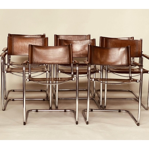 106 - DINING ARMCHAIRS, a set of eight, Bauhaus design, chrome framed cantilever armchairs with stitched t... 