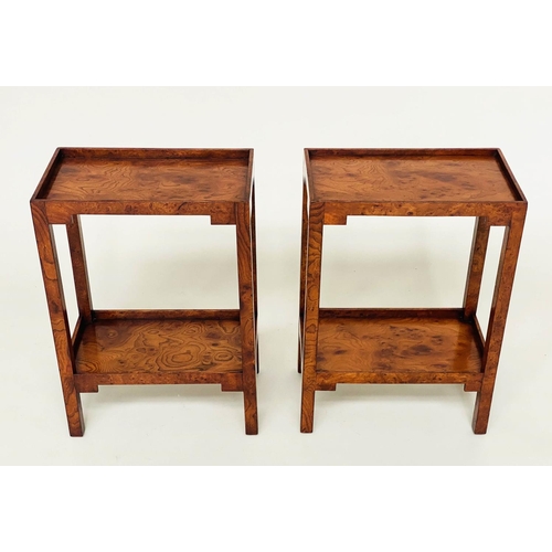 107 - LAMP TABLES, a pair, burr walnut with rectangular tray tops and undertier, 55cm H x 24cm D x 39cm W.