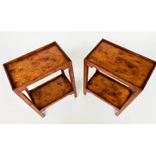 107 - LAMP TABLES, a pair, burr walnut with rectangular tray tops and undertier, 55cm H x 24cm D x 39cm W.