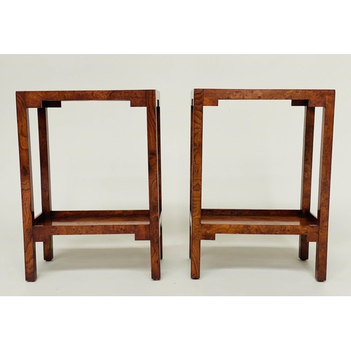 107 - LAMP TABLES, a pair, burr walnut with rectangular tray tops and undertier, 55cm H x 24cm D x 39cm W.