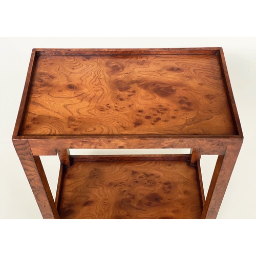 107 - LAMP TABLES, a pair, burr walnut with rectangular tray tops and undertier, 55cm H x 24cm D x 39cm W.