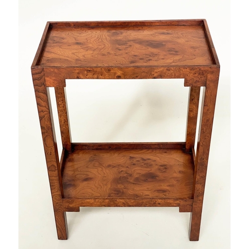 107 - LAMP TABLES, a pair, burr walnut with rectangular tray tops and undertier, 55cm H x 24cm D x 39cm W.