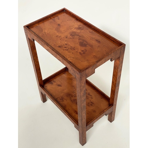 107 - LAMP TABLES, a pair, burr walnut with rectangular tray tops and undertier, 55cm H x 24cm D x 39cm W.