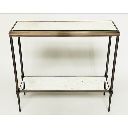 110 - CONSOLE TABLE, Art Deco style bronze forged metal with two tier glass shelves, 80cm W x 25cm D x 76c... 