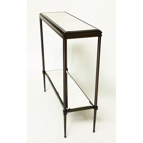 110 - CONSOLE TABLE, Art Deco style bronze forged metal with two tier glass shelves, 80cm W x 25cm D x 76c... 