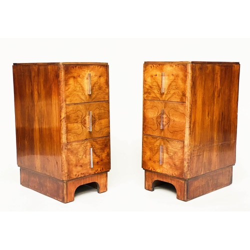 111 - ART DECO BEDSIDE CHESTS, a pair, walnut each with three drawers, 30cm W x 46cm D x 67cm H. (2)