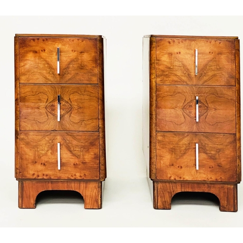 111 - ART DECO BEDSIDE CHESTS, a pair, walnut each with three drawers, 30cm W x 46cm D x 67cm H. (2)