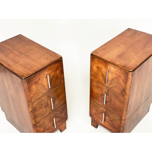 111 - ART DECO BEDSIDE CHESTS, a pair, walnut each with three drawers, 30cm W x 46cm D x 67cm H. (2)