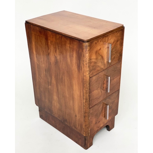 111 - ART DECO BEDSIDE CHESTS, a pair, walnut each with three drawers, 30cm W x 46cm D x 67cm H. (2)