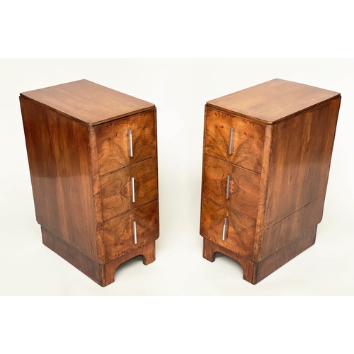 111 - ART DECO BEDSIDE CHESTS, a pair, walnut each with three drawers, 30cm W x 46cm D x 67cm H. (2)