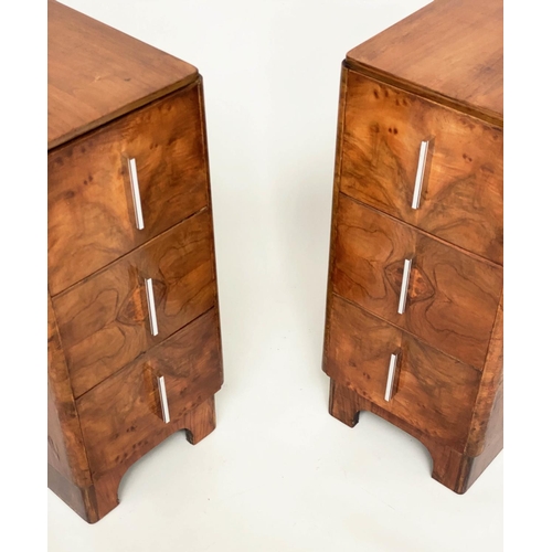 111 - ART DECO BEDSIDE CHESTS, a pair, walnut each with three drawers, 30cm W x 46cm D x 67cm H. (2)