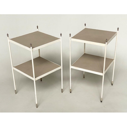 112 - ETAGERES/LAMP TABLES, a pair, mid 20th century painted and silvered metal mounted each with two grai... 