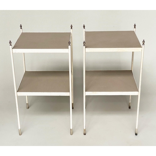 112 - ETAGERES/LAMP TABLES, a pair, mid 20th century painted and silvered metal mounted each with two grai... 