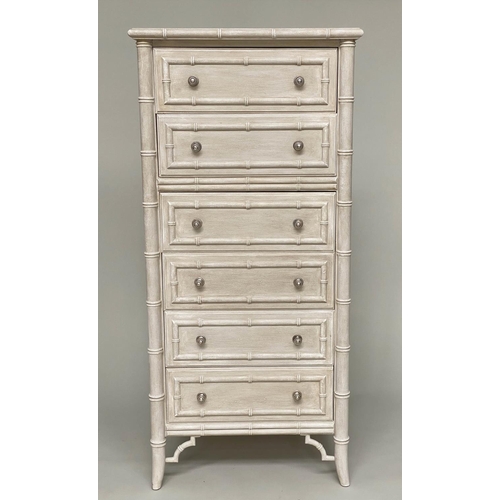 113 - FAUX BAMBOO CHEST, grey painted with six drawers, 143cm H x 66cm W x 49cm D.