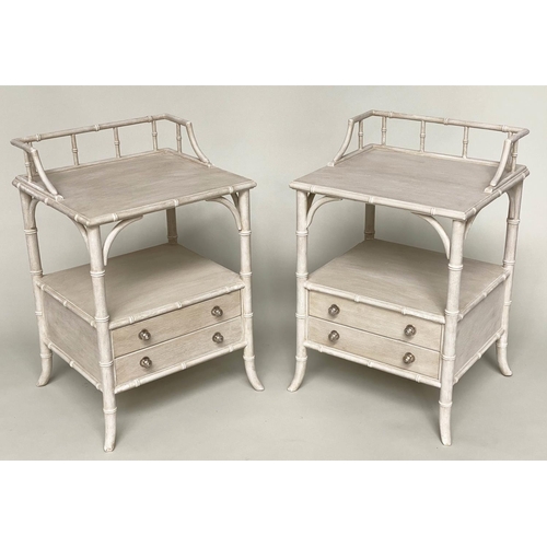 115 - FAUX BAMBOO BEDSIDE CHESTS, a pair, grey painted each with gallery, and two drawers, 52cm x 46cm D x... 