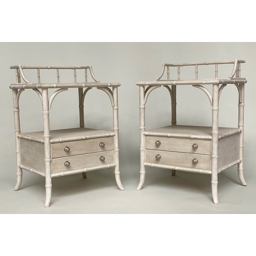 115 - FAUX BAMBOO BEDSIDE CHESTS, a pair, grey painted each with gallery, and two drawers, 52cm x 46cm D x... 