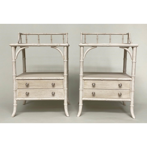 115 - FAUX BAMBOO BEDSIDE CHESTS, a pair, grey painted each with gallery, and two drawers, 52cm x 46cm D x... 