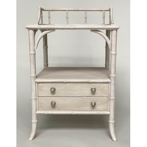 115 - FAUX BAMBOO BEDSIDE CHESTS, a pair, grey painted each with gallery, and two drawers, 52cm x 46cm D x... 