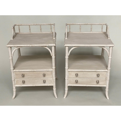 115 - FAUX BAMBOO BEDSIDE CHESTS, a pair, grey painted each with gallery, and two drawers, 52cm x 46cm D x... 