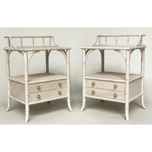 115 - FAUX BAMBOO BEDSIDE CHESTS, a pair, grey painted each with gallery, and two drawers, 52cm x 46cm D x... 