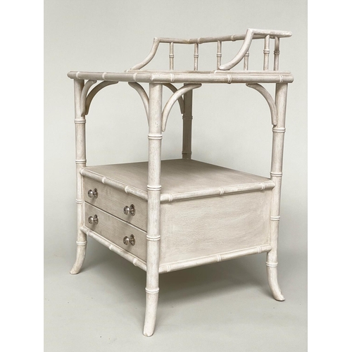 115 - FAUX BAMBOO BEDSIDE CHESTS, a pair, grey painted each with gallery, and two drawers, 52cm x 46cm D x... 