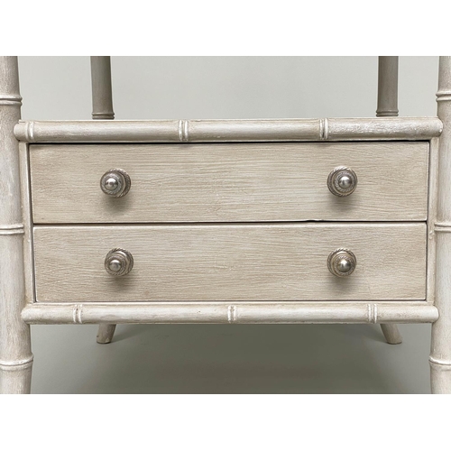 115 - FAUX BAMBOO BEDSIDE CHESTS, a pair, grey painted each with gallery, and two drawers, 52cm x 46cm D x... 