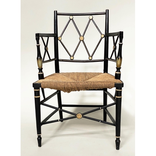 116 - ARMCHAIR, Regency later decorated and refreshed with lattice back and rush seat, 53cm W.