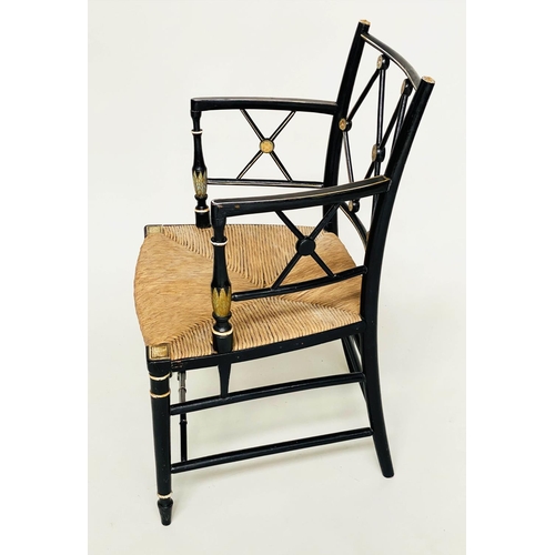 116 - ARMCHAIR, Regency later decorated and refreshed with lattice back and rush seat, 53cm W.