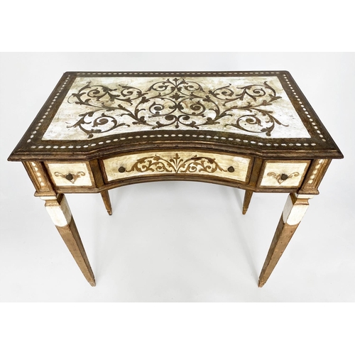 118 - FLORENTINE SIDE TABLE, mid 20th century parcel gilt and concave fronted with three frieze drawers an... 