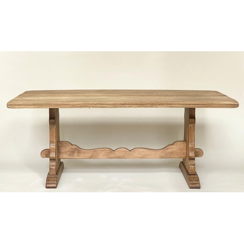 120 - REFECTORY TABLE, rectangular solid planked oak on pierced trestle ends united by a shaped stretcher,... 